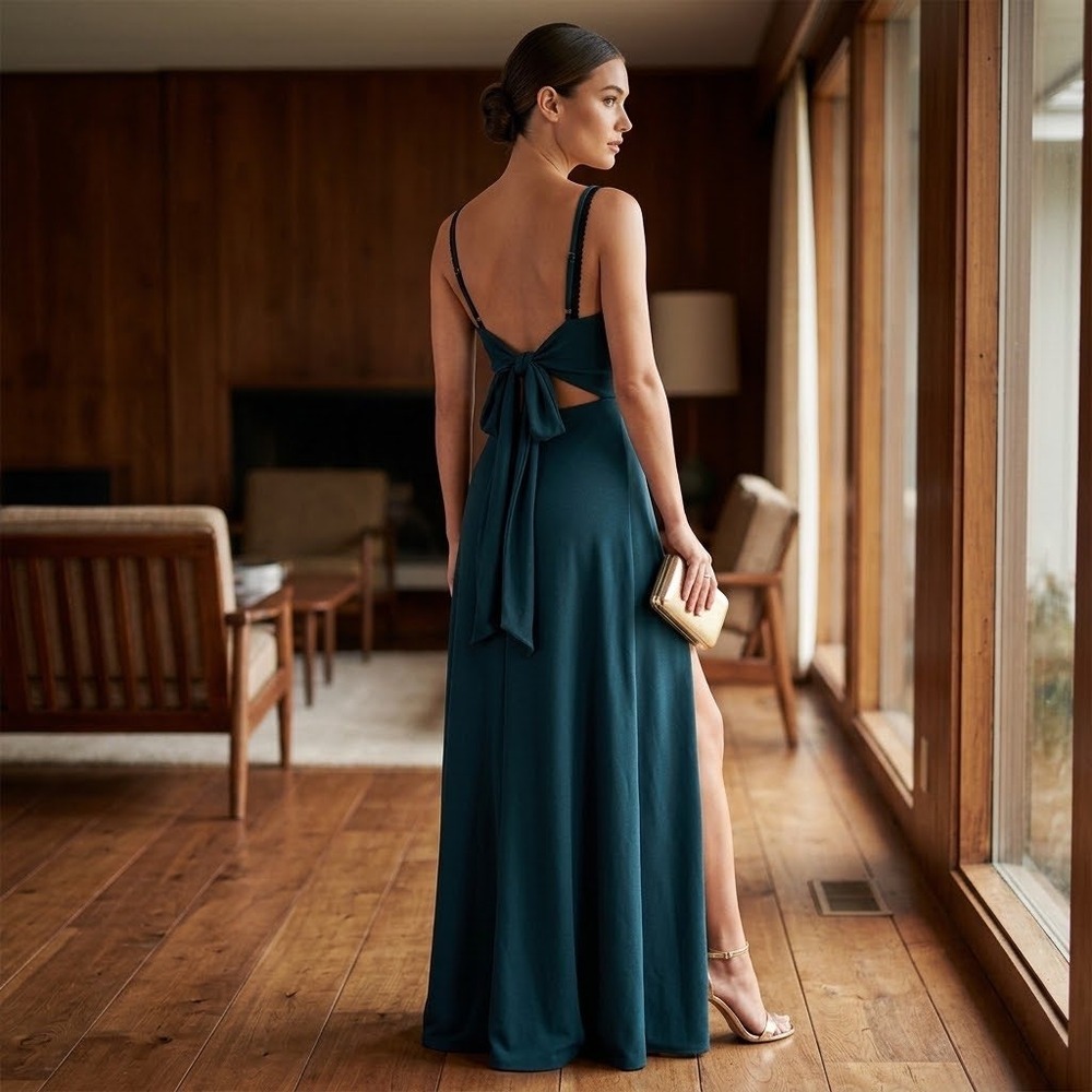 Birdy Grey Emerald Green Tie Back Maxi Dress Medium Bridesmaid Formal Slit